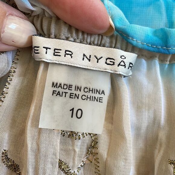 Peter Nygard turquoise & tan polyester blouse with gold spangles & embroidery - Picture 7 of 9